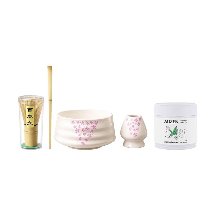 【Japanese Matcha Whisking Set】Matcha Whisk Set Sakura Pink Includes Bowl Whisk and Scoop 1 pcs + Matcha Powder 1.41 oz Zero Sugar No Additives