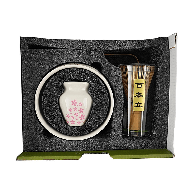 【Japanese Matcha Whisking Set】Matcha Whisk Set Sakura Pink Includes Bowl Whisk and Scoop 1 pcs + Matcha Powder 1.41 oz Zero Sugar No Additives