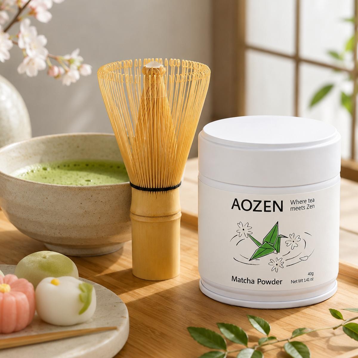 Matcha Powder 1.41 oz+ Chasen Bamboo Tea Whisk 【Japanese Matcha Whisking Set】【DIY Matcha Latte Essential】